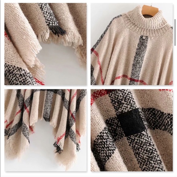 Plaid Beige Turtleneck Poncho - Picture 5 of 5